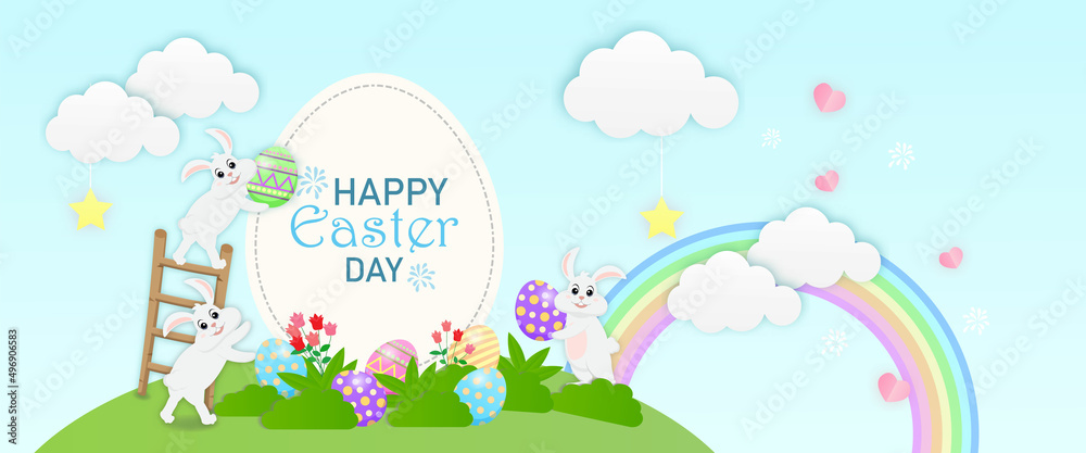 The Little bunny playing Easter eggs on cloud. Happy Easter postcard of vector paper cut. The Little bunny playing Easter eggs on cloud. Happy Easter postcard of vector paper cut.