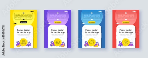 Simple set of Online voting, Pie chart and Engineering line icons. Poster offer design with phone interface mockup. Include Startup rocket icons. For web, application. Vector