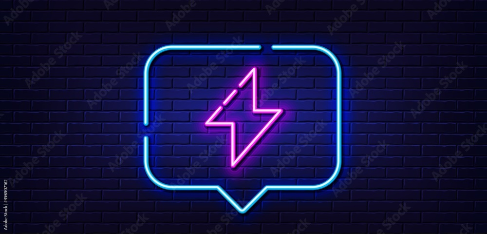 Neon light speech bubble. Energy line icon. Thunderbolt sign. Electric power symbol. Neon light background. Energy glow line. Brick wall banner. Vector