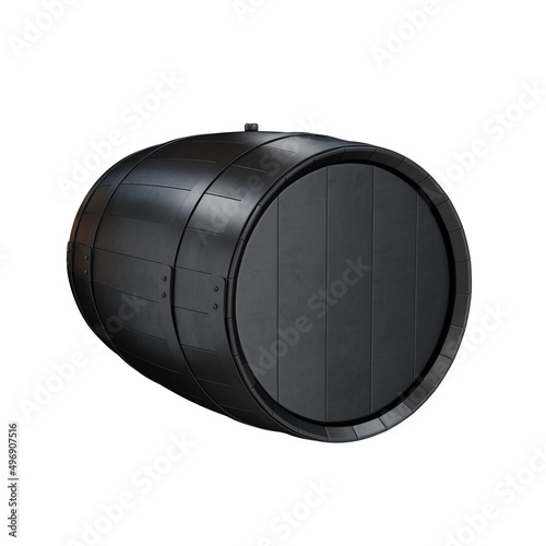 Black wooden barrel on the side on a white background, 3d render photo