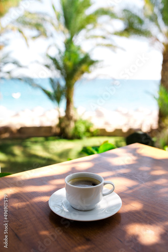 turkish coffee over the blue sea background in Alanya, Turkey