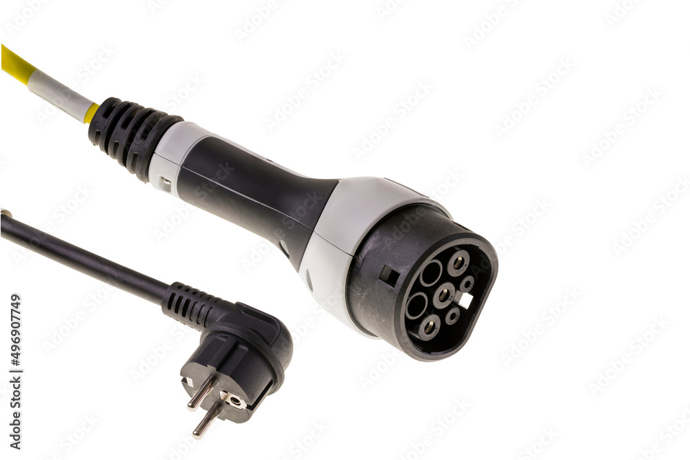 Close up view of electric vehicle charging cable for outdoor use with 16 A plug isolated on white background. Close up view of electric vehicle charging cable for outdoor use with 16 A plug isolated on white background.