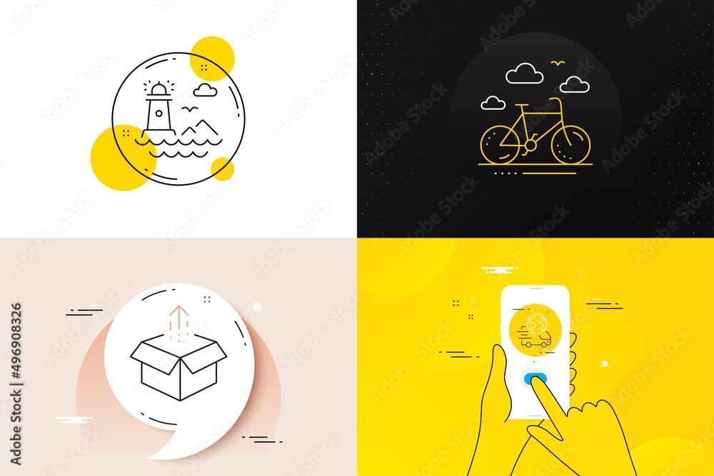 Minimal set of Bike rental, Lighthouse and Send box line icons. Phone screen, Quote banners. Delivery service icons. For web development. Bicycle, Navigation beacon, Delivery package. Vector Minimal set of Bike rental, Lighthouse and Send box line icons. Phone screen, Quote banners. Delivery service icons. For web development. Bicycle, Navigation beacon, Delivery package. Vector