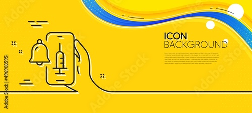 Vaccine announcement line icon. Abstract yellow background. Vaccination phone app sign. Smartphone bell symbol. Minimal vaccine announcement line icon. Wave banner concept. Vector