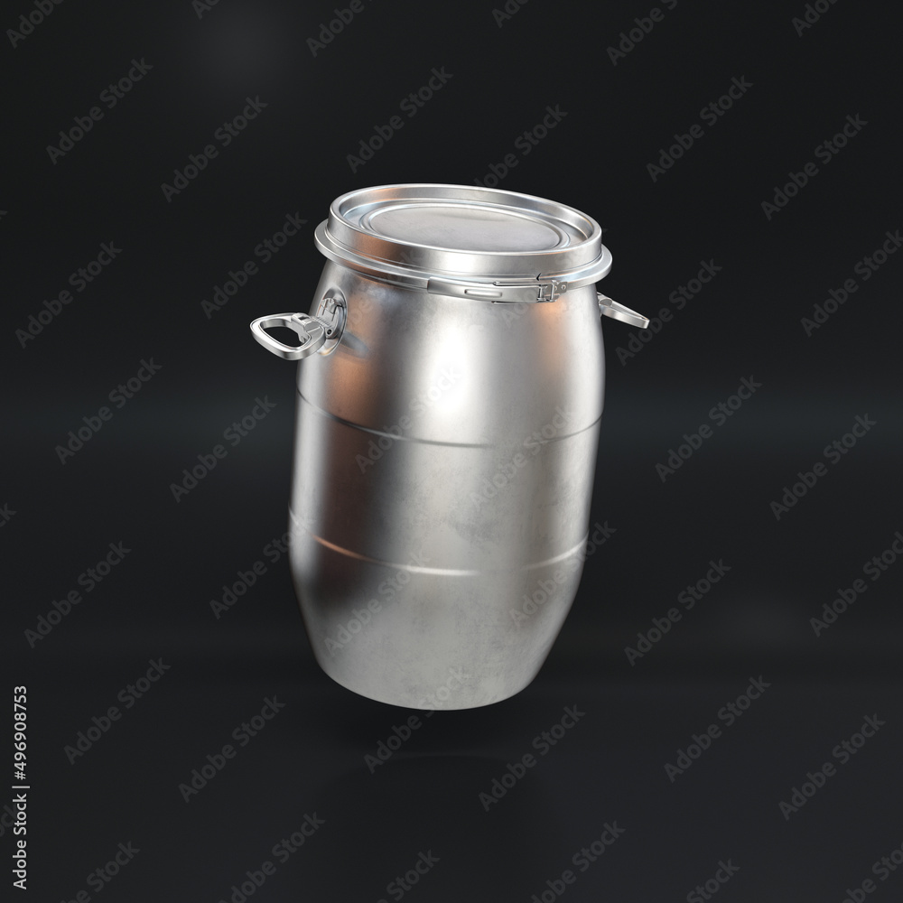 Plastic barrel silver floating on a black background, 3d render Plastic barrel silver floating on a black background, 3d render