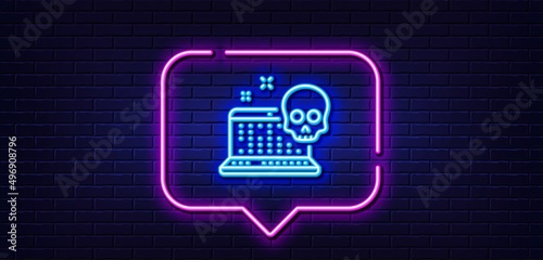 Neon light speech bubble. Cyber attack line icon. Ransomware threat sign. Computer phishing virus symbol. Neon light background. Cyber attack glow line. Brick wall banner. Vector photo