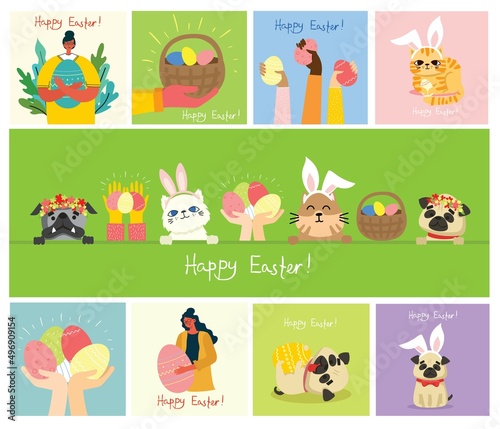 Fototapeta Naklejka Na Ścianę i Meble -  Happy Easter, Cheerful People Celebrating Holiday Set, Men, Women and Kids with Decorated Easter Eggs Cartoon Style