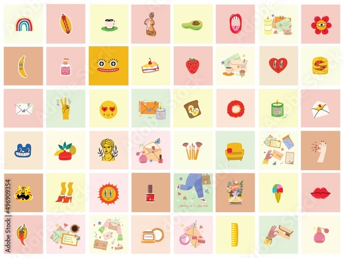 Big Set of Different colored Vector illustartions for posters in Cartoon Flat design. Hand drawn Abstract shapes, faces, different texture, greek elements, funny Comic characters.