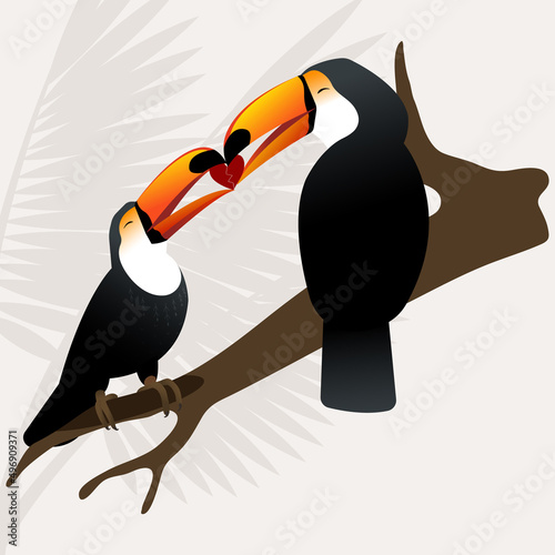 A vector illustration of two toco toucan birds in love who are joining heart pieces. Colourful gradient toucan on a light background