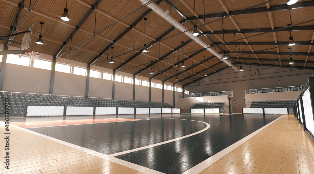 Basketball court with hoop and tribune mockup, side view