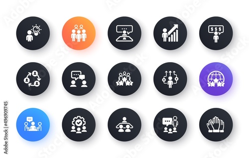 Business people icons set. Person, team meeting, job structure. Group people, communication, member icons. Congress, talk person, partnership. Job interview, business idea, voting. Vector