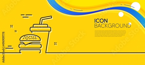 Hamburger with drink line icon. Abstract yellow background. Fast food restaurant sign. Hamburger or cheeseburger symbol. Minimal hamburger line icon. Wave banner concept. Vector