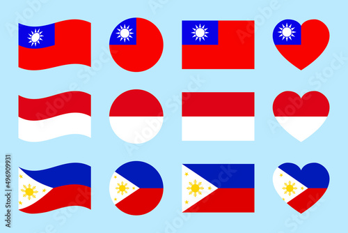 Taiwan, Indonesia, Philippines flag vector illustration. Indonesian, The Philippines, Taiwanese official flags icons. Asian states geometric symbols shapes set for travel, patriotic, sport designs photo