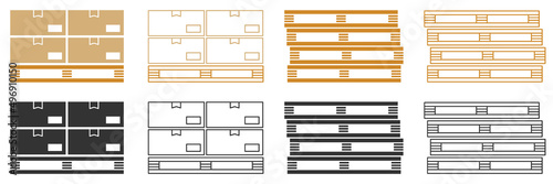 Set of wooden pallet and cardboard boxes icons. Pallet with big stack of cardboard boxes, storage and transportation. Goods in warehouse, package box on a pallet. Delivery vector.