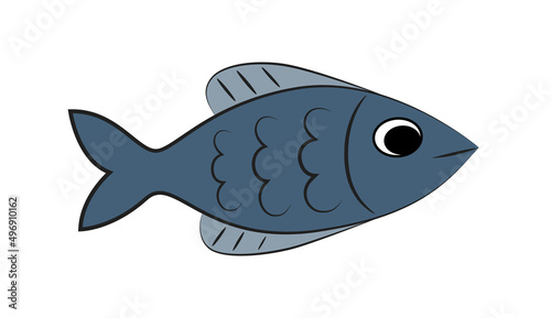Cute cartoon isolated blue fish on a transparent background
