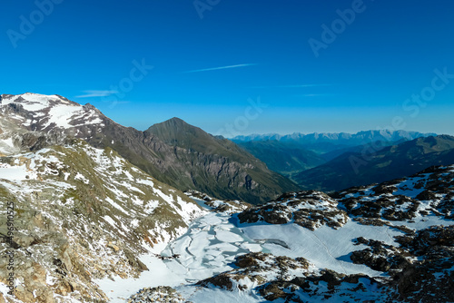 Panoramic view on the mountains of High Tauern Alps in Carinthia and Salzburg  Austria  Europe. Glacier lakes of the Goldbergkees in the Hohe Tauern National Park. Patagonia like landscape. Snow