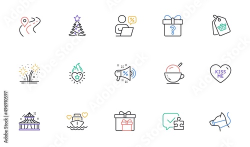 Sale megaphone, Sale tag and Fireworks line icons for website, printing. Collection of Online discounts, Honeymoon cruise, Kiss me icons. Road, Delivery boxes, Circus web elements. Vector