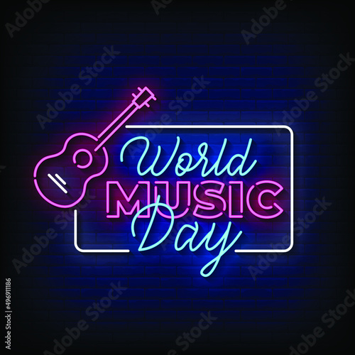 World Music Day Neon Signs Style Text Vector