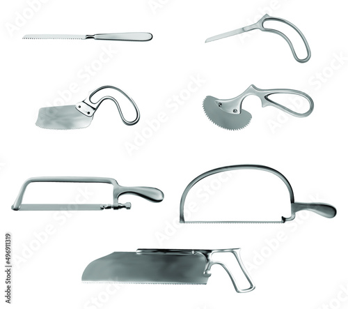 Surgical saws set. Charriere and Satterlee Bone saws, knife saws, Bergman and Engel plaster saws, Metacarpal saw Langenbeck. Frame arcuate bone saw. Manual surgical instrument. Vector illustration photo