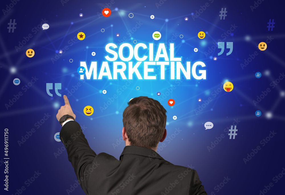 Rear view of a businessman, social media concept Rear view of a businessman, social media concept