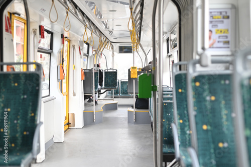 The interior of the tram, public transport. Municipal public transport. selective focus 