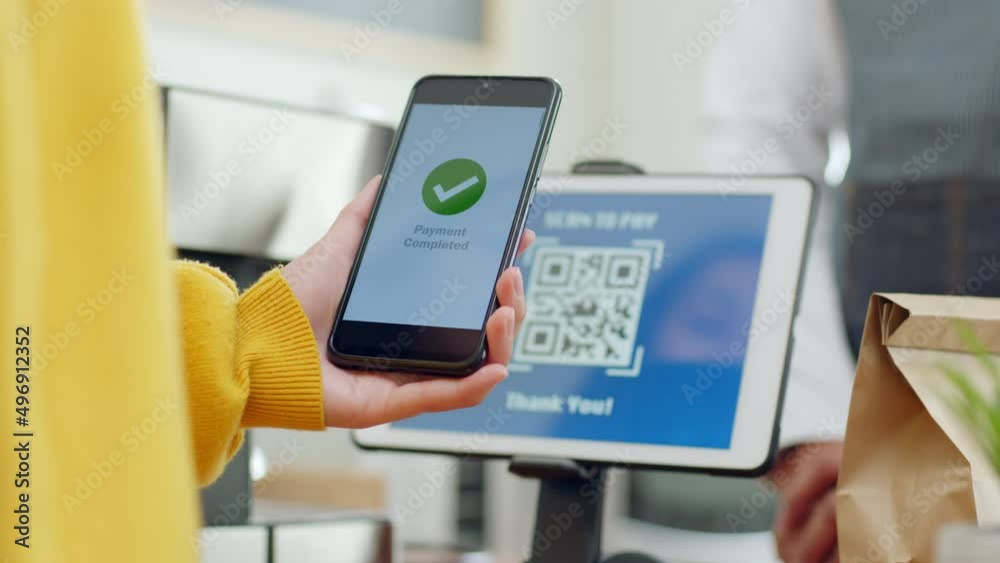 QR code payment, customer using smartphone for paying at shop