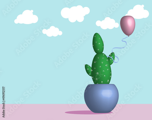 cactus in a pot holding a balloon in a hot summer day with  blue sky full of clouds,  with a space for additional text., eps 10 photo