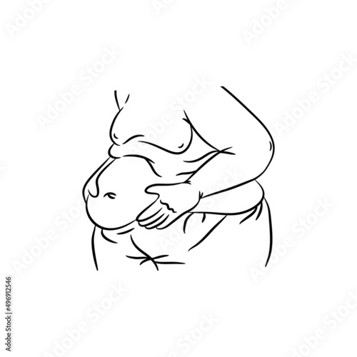 Fat male belly in hands. Hand drawn outline vector illustration.