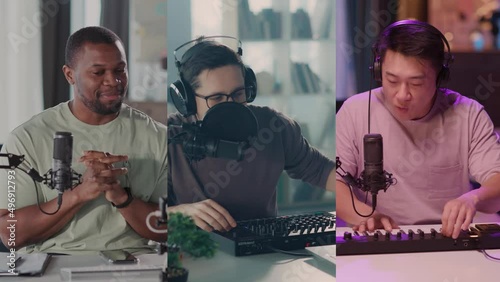 Multi-ethnic male musicians wearing headphones speaking on online podcast redording audiotrack playing music live broadcasting from home. Multi-screen. Blogging. photo