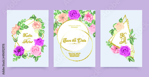 Wedding Card. Engagement Invitation with Romantic Rose. Summer Leaf Frame. We...