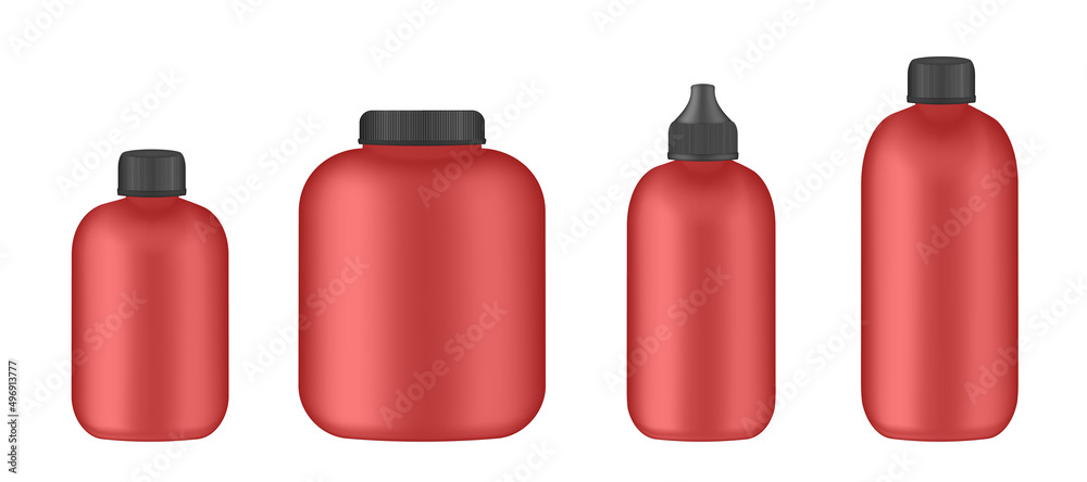 Set of red bottles. Sports nutrition containers packages, fitness protein. Bodybuilding sport food. Jars with supplements for muscle growth. Realistic vector sport nutrition containers without label. Set of red bottles. Sports nutrition containers packages, fitness protein. Bodybuilding sport food. Jars with supplements for muscle growth. Realistic vector sport nutrition containers without label.