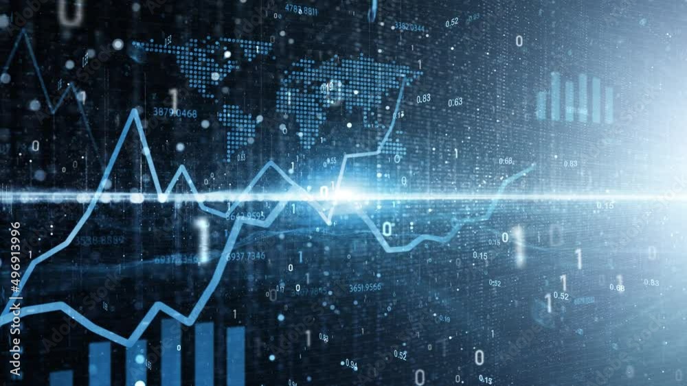 Blue digital business graphs with binary data animation.