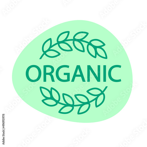 Organic. Premium quality. Plant based vegan food product label. Green round stamp. Logo or icon. Diet. Sticker. Vegeterian