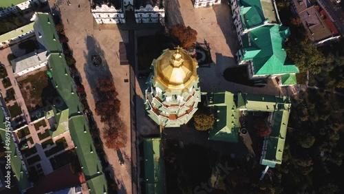 Kyiv, Ukraine - 10/05/2021: Aerial view of ancient Kyiv Pechersk Lavra, a historic Orthodox Christian monastery. UNESCO world heritage. City scape photo