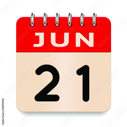 21 day of the month. June. Flip old formal calendar. 3d daily icon. Date. Week Sunday, Monday, Tuesday, Wednesday, Thursday, Friday, Saturday. Cut paper. White background. Vector illustration. 