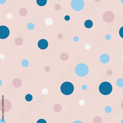 Seamless pattern in pastel polka dots, vector purple background with colored circles