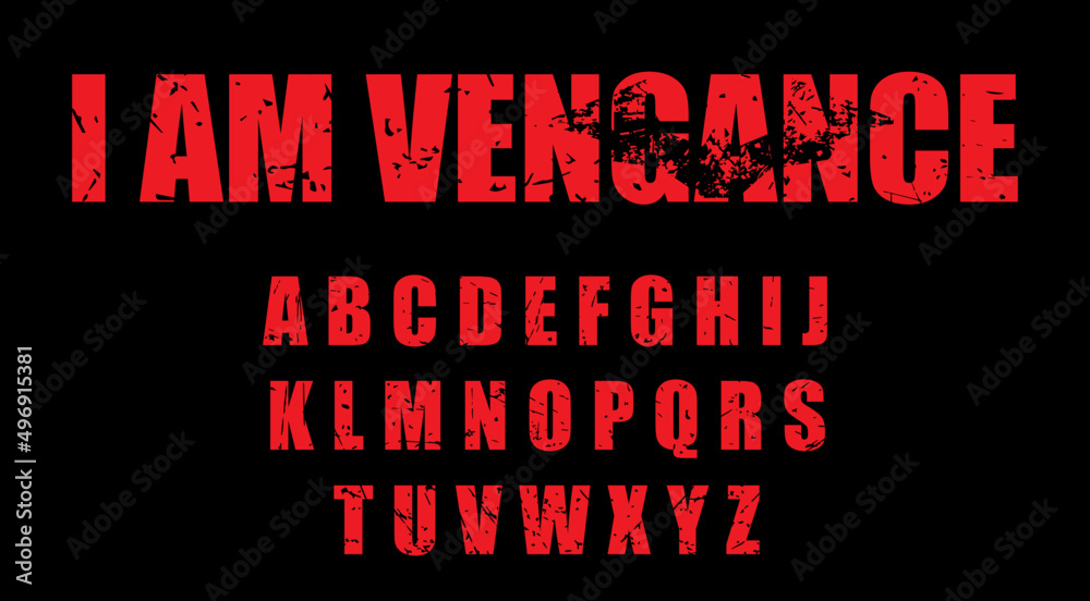 Vigilante Font. Alphabet in grunge 90s style. Bloody red letters. Typography for crime, drama and movies.
