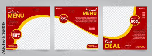 set of poster template designs for food posts on social media. red and orange color square shape, suitable for post restaurant advertisements and digital culinary promotions. red and orange background