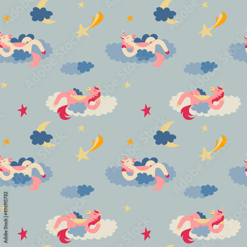 Fairytale unicorn sleeps. Seamless pattern.