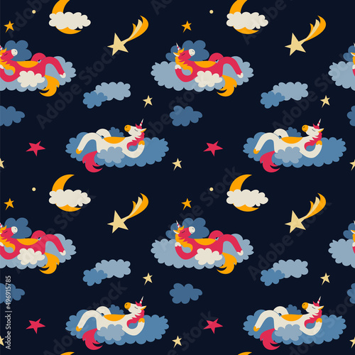  Fairytale unicorn sleeps. Seamless pattern.