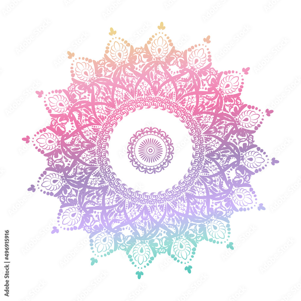 mandala gradient in pink, blue, green, on a white background, blank, symbol, oriental ornament