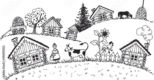 Vector illustration, stylized image of village life.