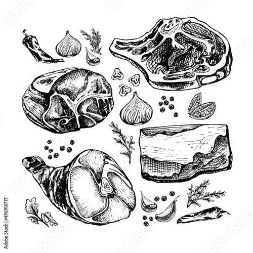 meat and spices pork, beef, shank, chili pepper, onion, garlic, rosemary, cilantro, lemon slice, graphic drawing of meat and spices on a white background black outline, hand drawing