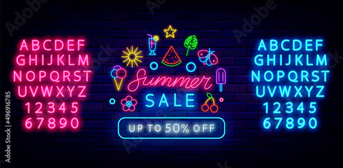 Summer sale neon emblem with season items. Glowing pink and blue alphabet. Vector stock illustration