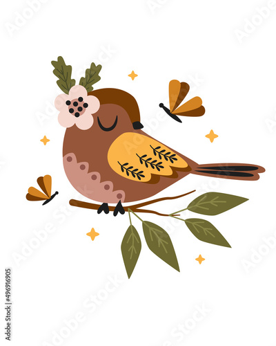 poster with cute bird and butterfly