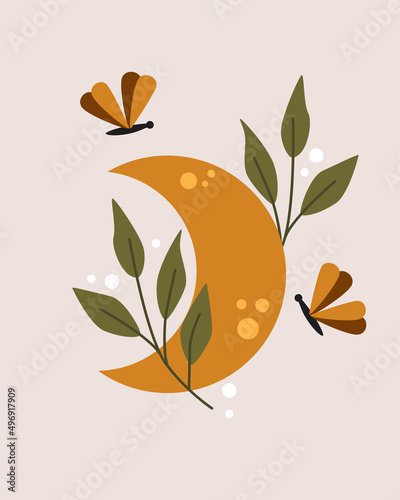poster with moon, leaf, butterfly