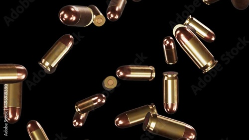 Realistic looping 3D animation of the firearm hand gun 9 mm cartridges falling from the top rendered in UHD with alpha matte