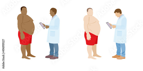 Fat person. Obese man and doctor. Black doctor and patient. Obesity treatment and health care. Vector set illustration people on white background.