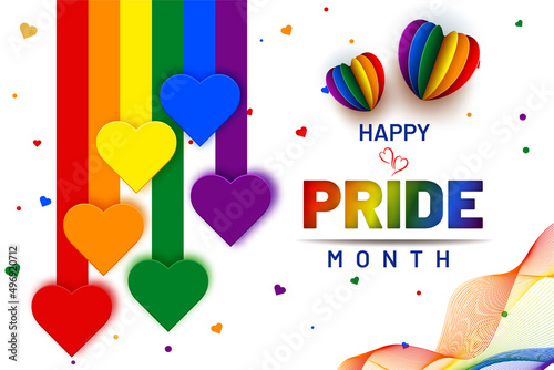 happy pride month banner illustration with heart shapes