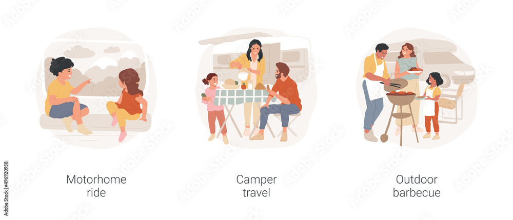 Motorhome vacation isolated cartoon vector illustration set. Motorhome ride, inside motorhome, on the road, family travel by camper van, parking in nature, campsite barbecue vector cartoon.